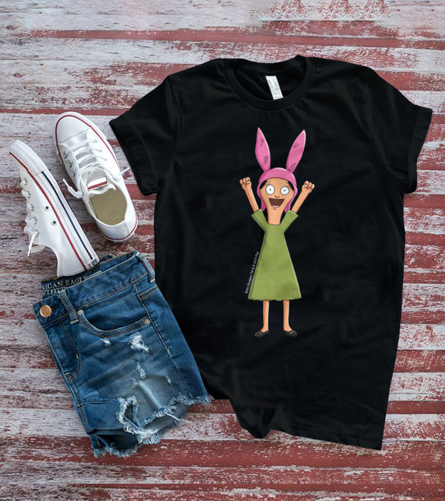Bob's Burgers Louise Belcher Green Dress Pink Bunny Ears Excited Pose T-Shirt