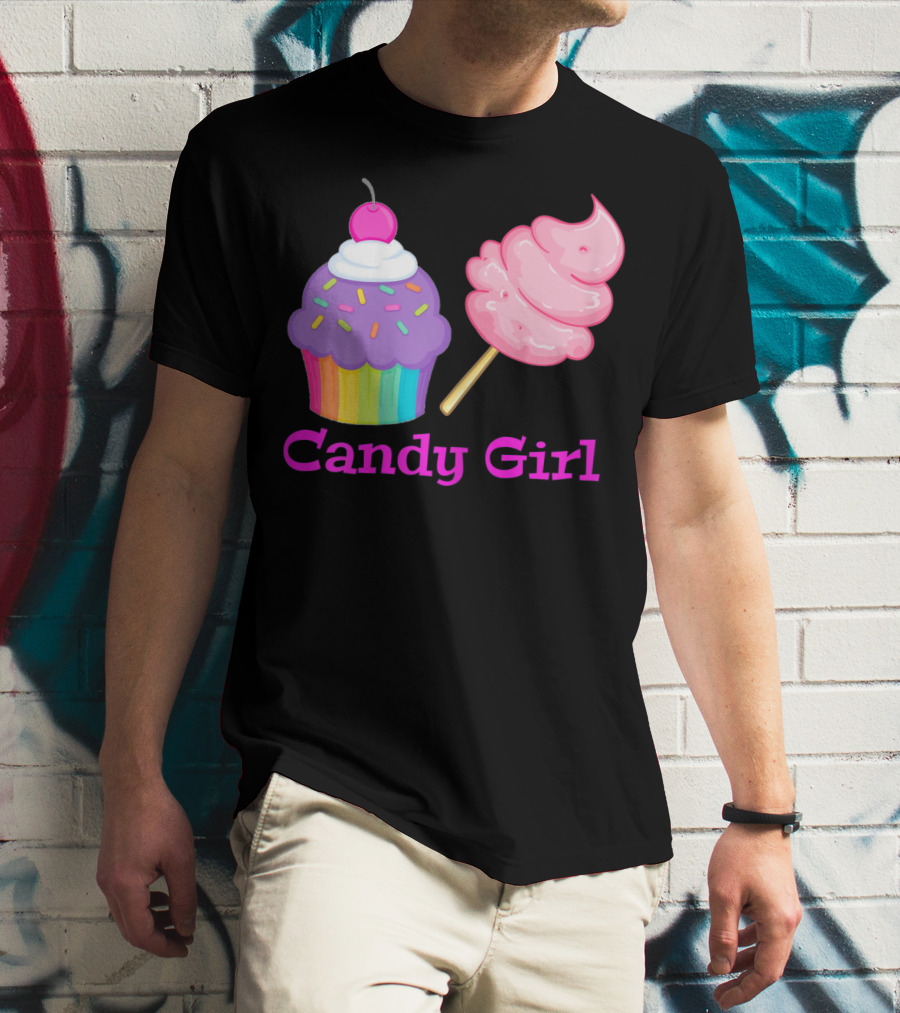 Candy Girl Cupcake And Cotton Candy Rainbow Sprinkles Cherry Top And Pink Swirl T-Shirt