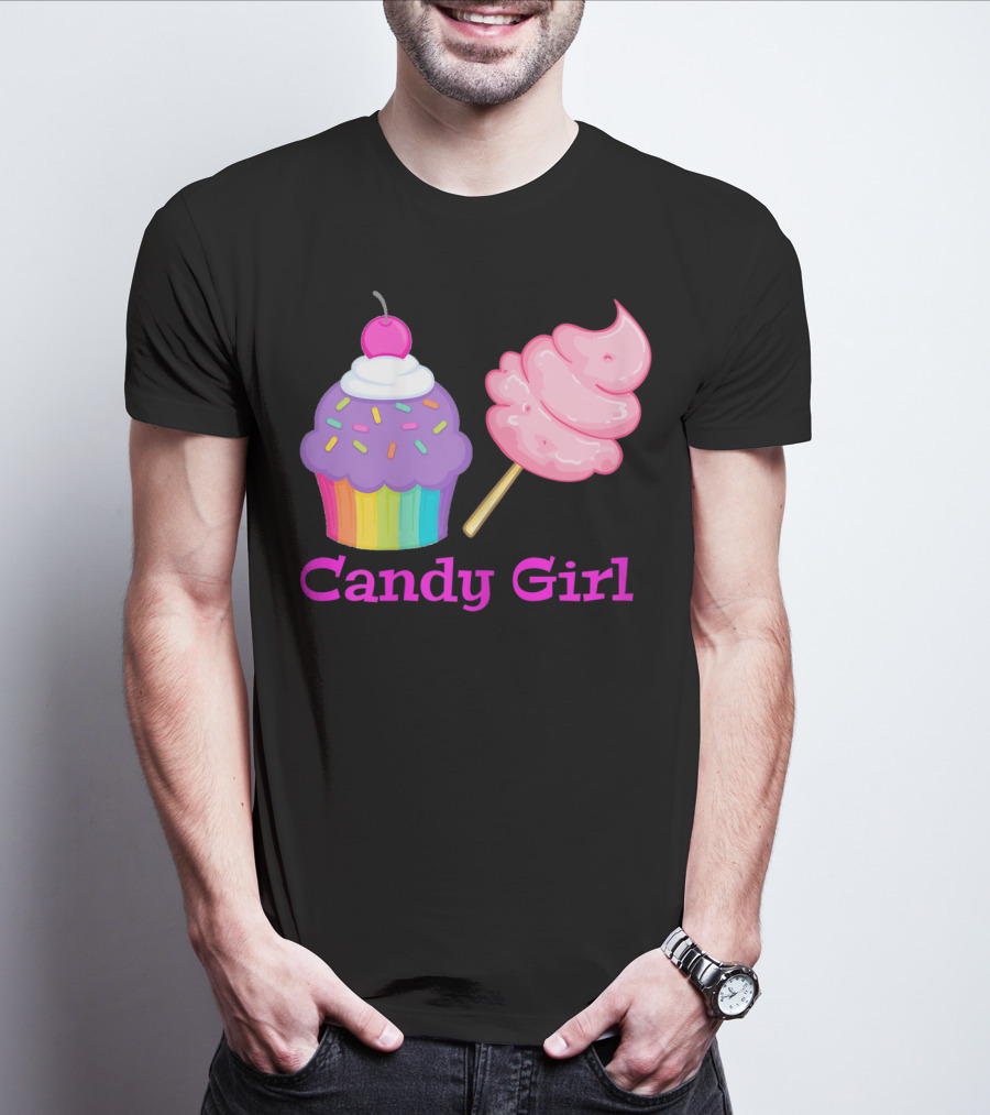 Candy Girl Cupcake And Cotton Candy Rainbow Sprinkles Cherry Top And Pink Swirl T-Shirt