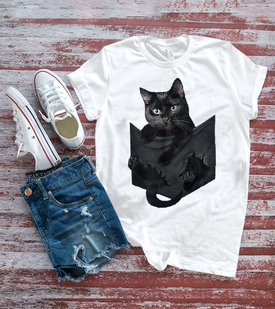 Cat In Pocket Black Cat Inside Pocket Bac Playful T-Shirt