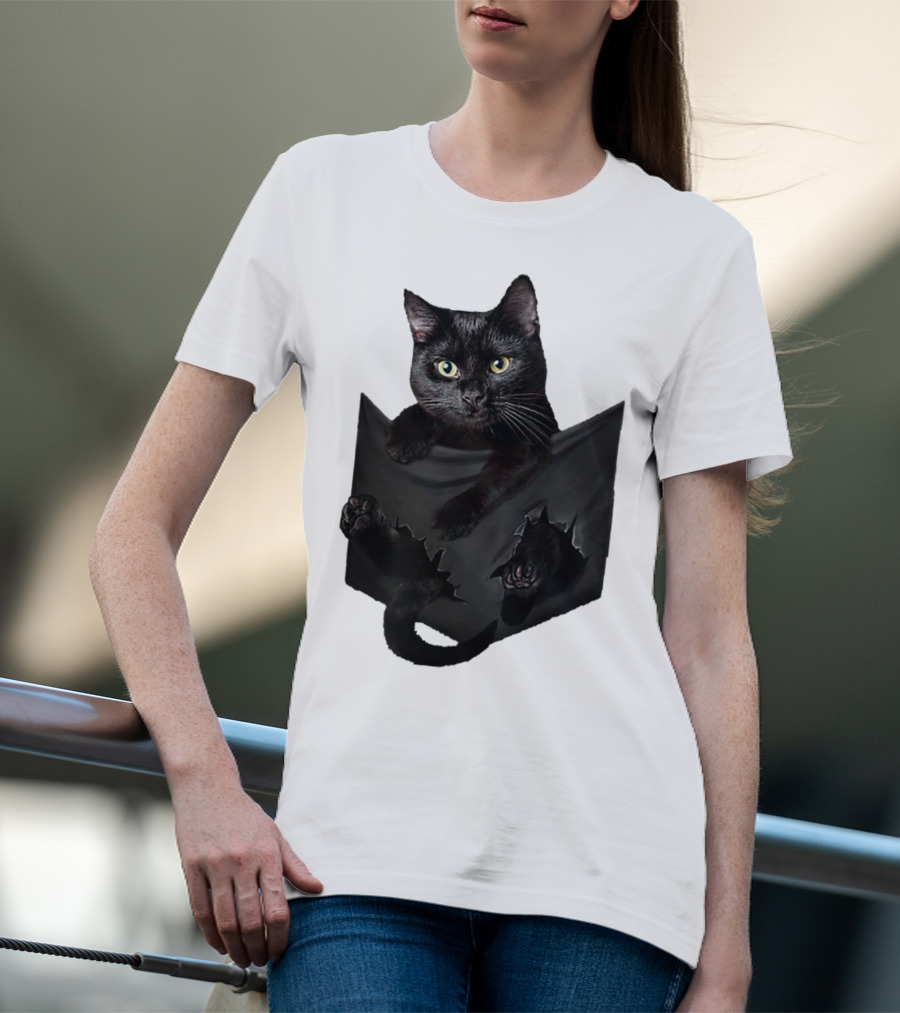 Cat In Pocket Black Cat Inside Pocket Bac Playful T-Shirt
