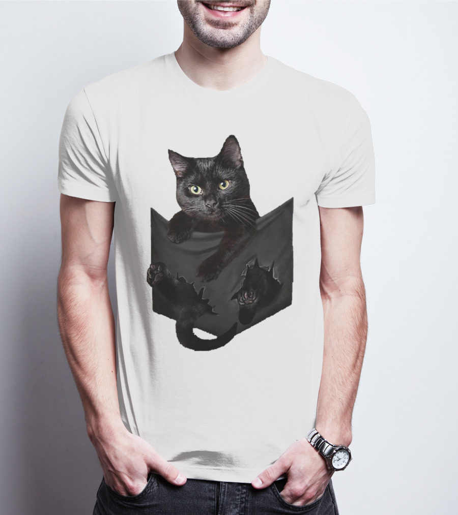 Cat In Pocket Black Cat Inside Pocket Bac Playful T-Shirt