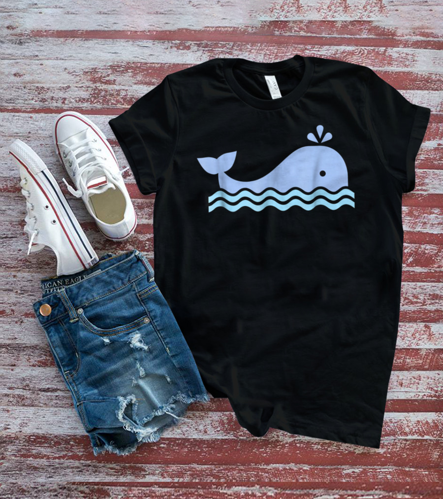 Cute Blue Whale Cartoon With Waves And Water Spout T-Shirt