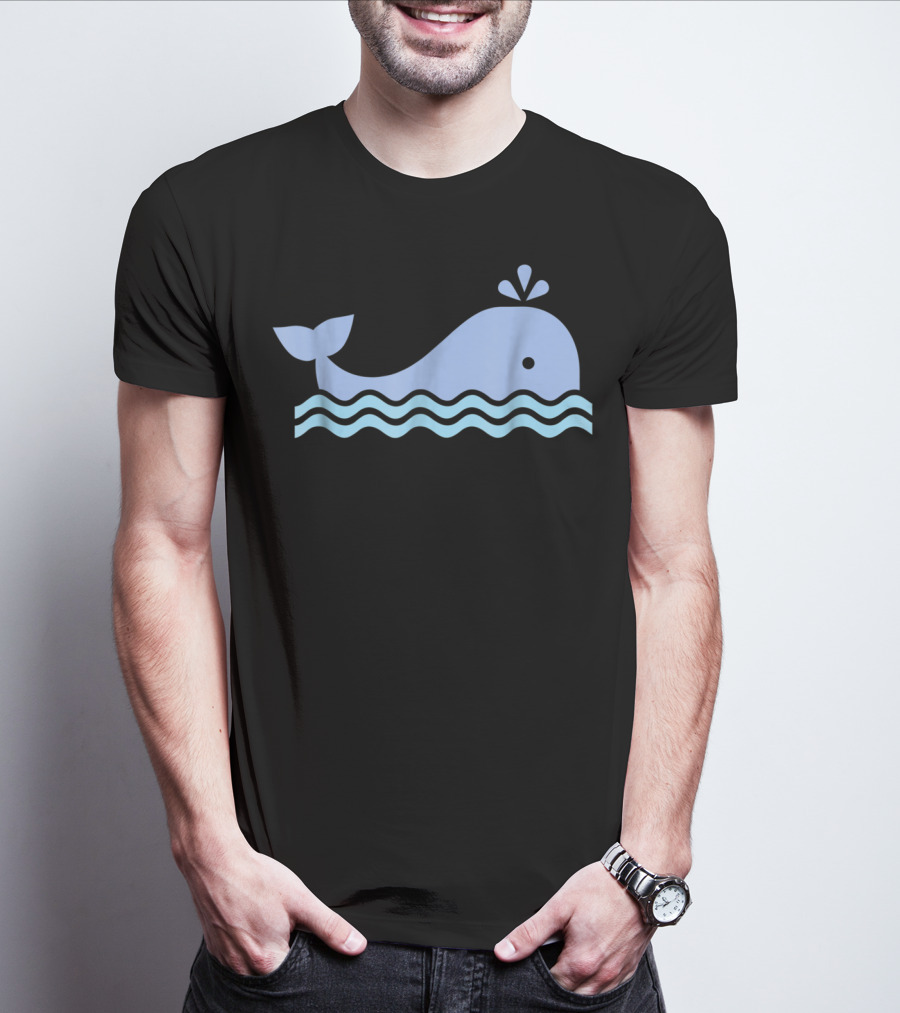Cute Blue Whale Cartoon With Waves And Water Spout T-Shirt