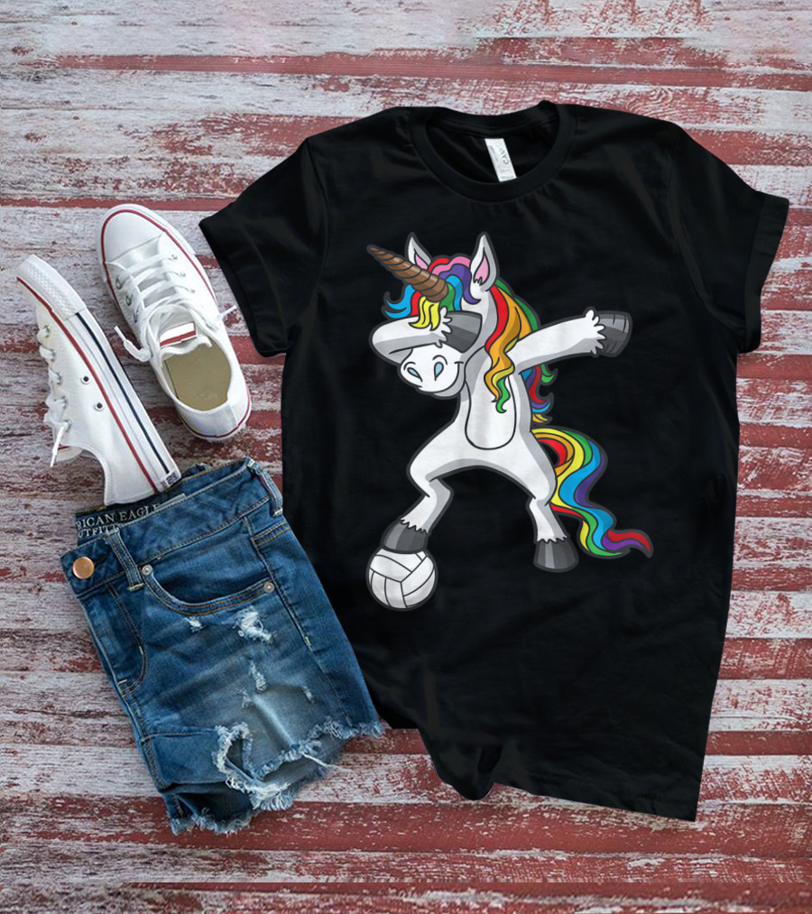 Dabbing Unicorn With Volleyball And Rainbow Mane T-Shirt