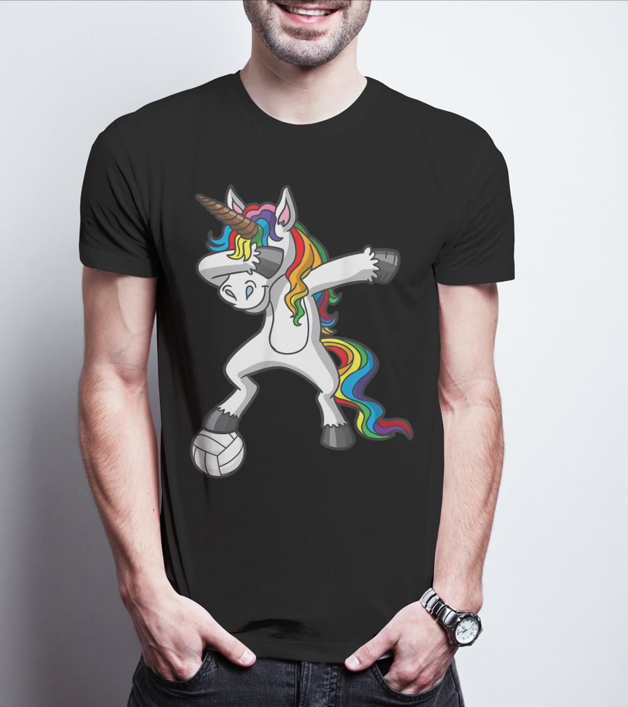 Dabbing Unicorn With Volleyball And Rainbow Mane T-Shirt