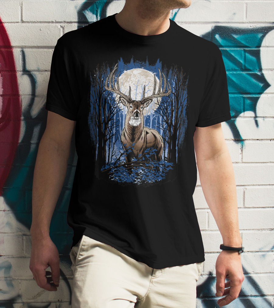 Big Whitetail Buck With Full Moon In Forest Deer For Hunters T-Shirt