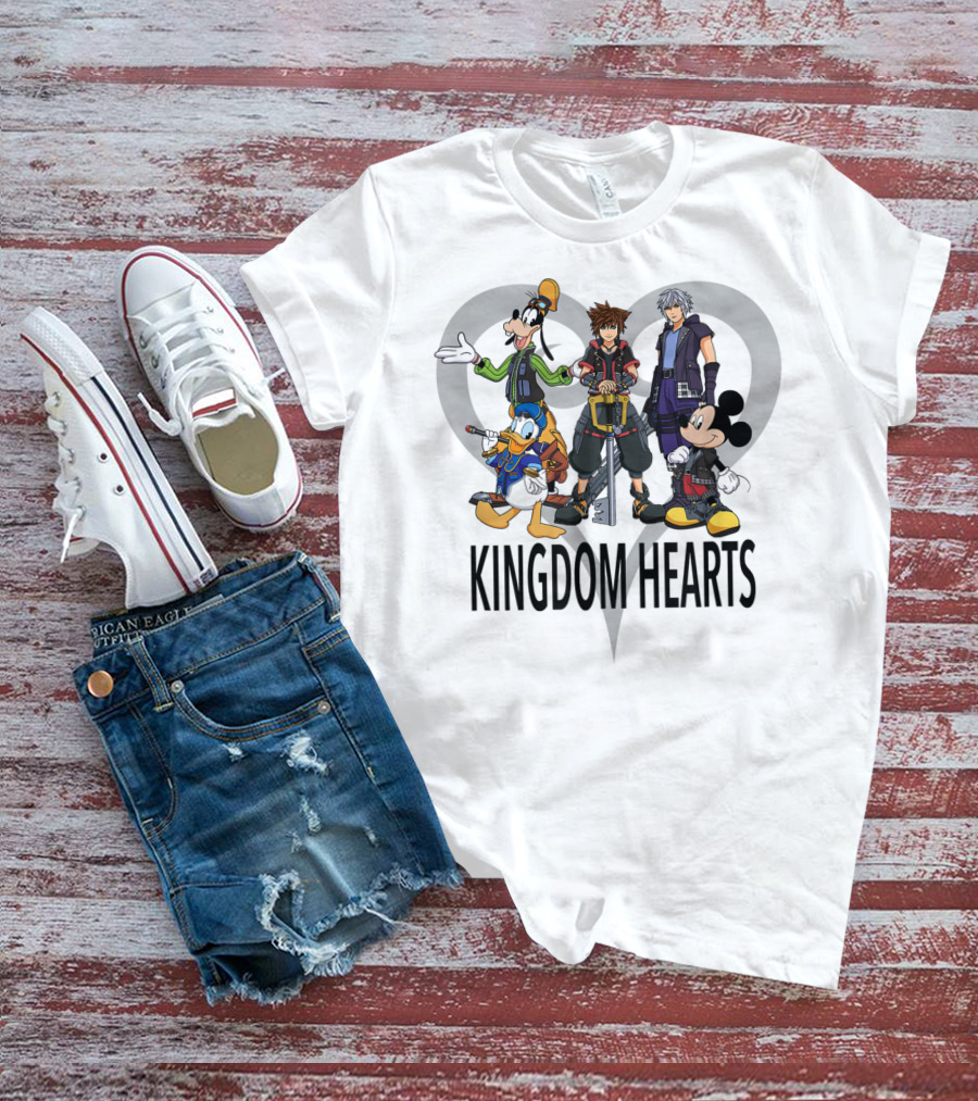 Kingdom Hearts III Characters With Heart Symbol Featuring Goofy Donald Mickey Sora Riku T-Shirt