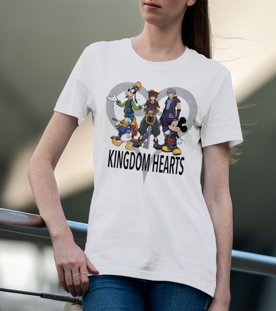 Kingdom Hearts III Characters With Heart Symbol Featuring Goofy Donald Mickey Sora Riku T-Shirt