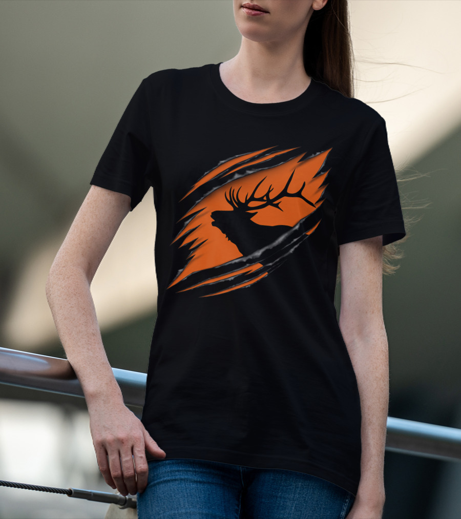 Elk Hunting Silhouette With Tear Marks On Orange T-Shirt