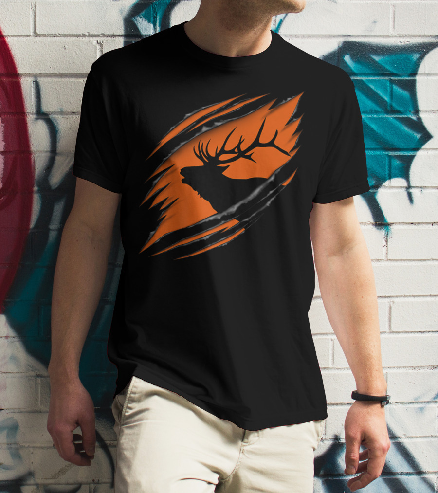 Elk Hunting Silhouette With Tear Marks On Orange T-Shirt
