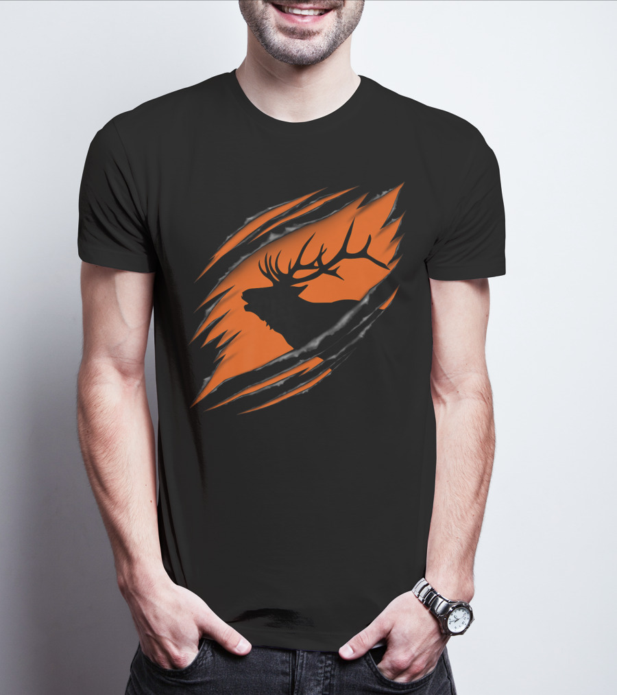 Elk Hunting Silhouette With Tear Marks On Orange T-Shirt
