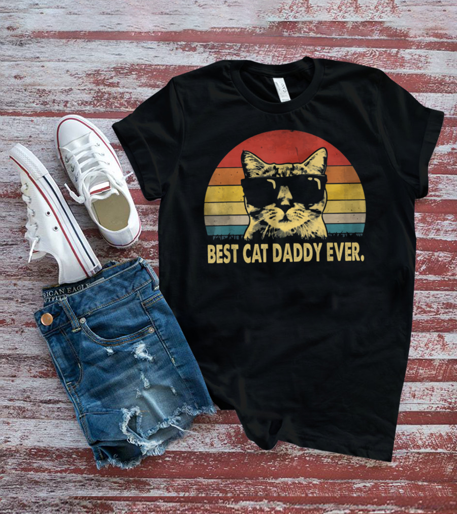 Best Cat Daddy Ever Vintage Sunglasses Cat Retro Stripes T-Shirt