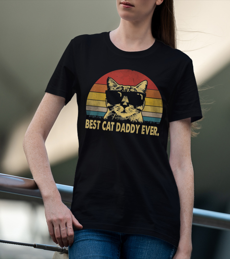 Best Cat Daddy Ever Vintage Sunglasses Cat Retro Stripes T-Shirt