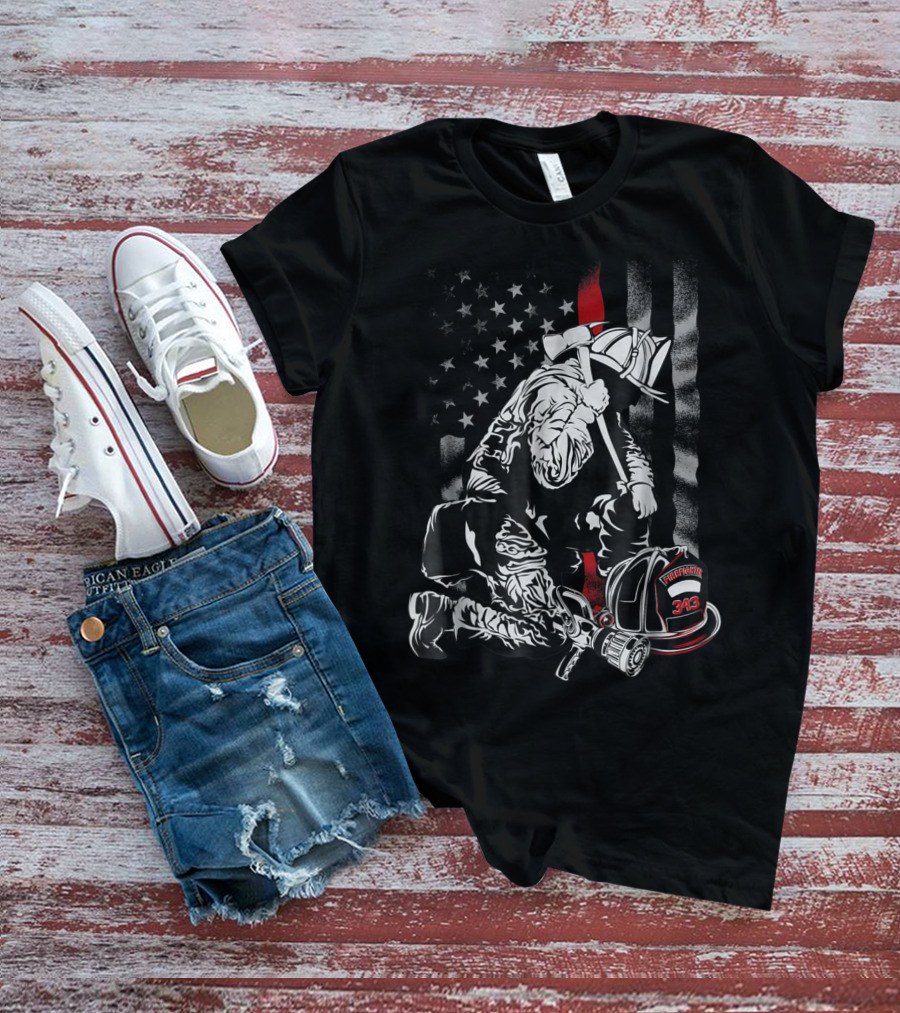 Firefighter Kneeling With Vintage USA Flag And Fire Helmet 343 T-Shirt