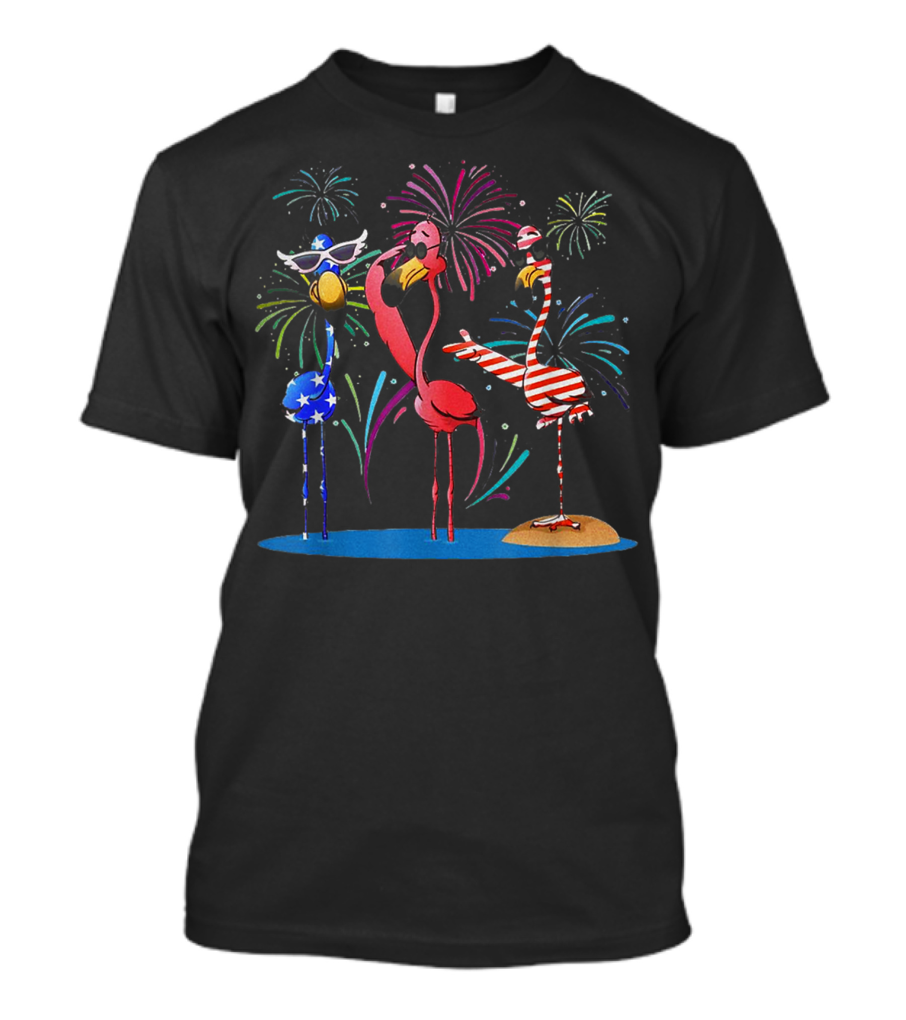 Flamingo American Flag Fireworks Patriotic Celebration With Sunglasses And Stripes T-Shirt