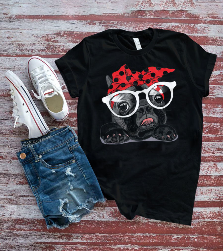 French Bulldog With Red Polka Dot Headband And White Glasses T-Shirt