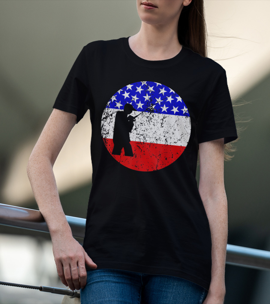 American Flag Vintage Fisherman Silhouette Rustic Retro Fishing T-Shirt