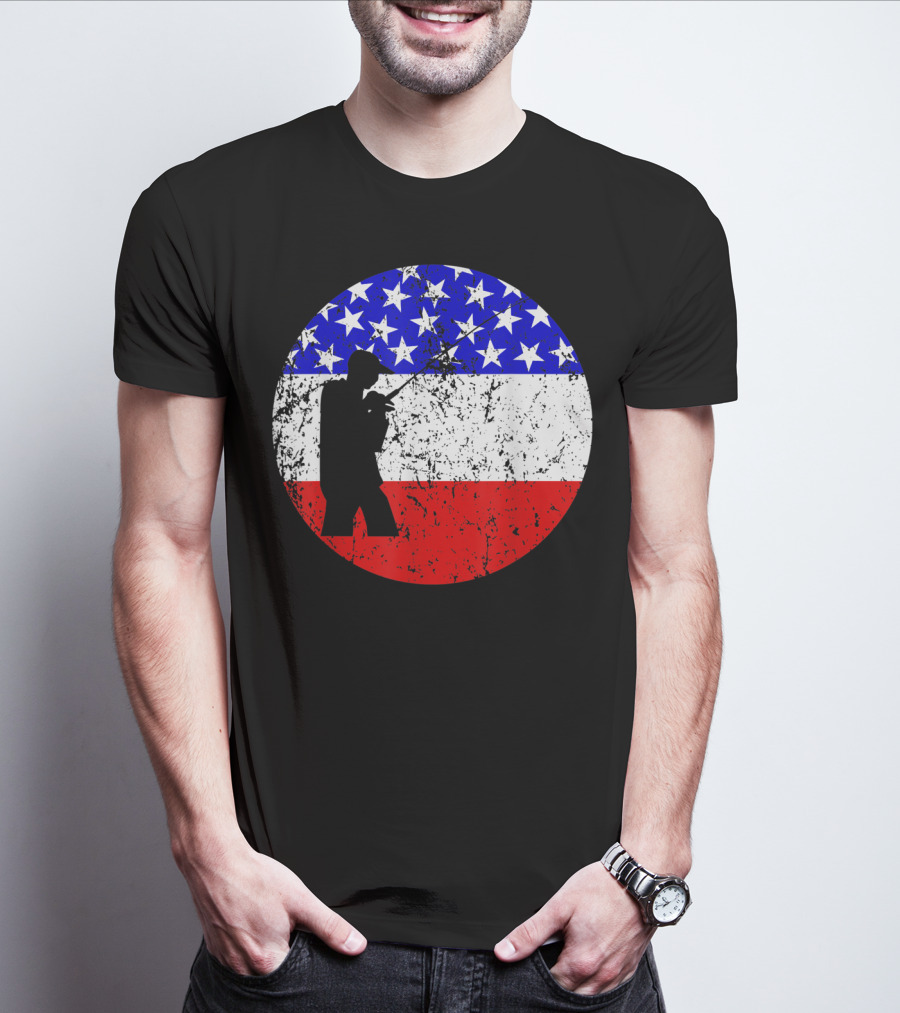 American Flag Vintage Fisherman Silhouette Rustic Retro Fishing T-Shirt