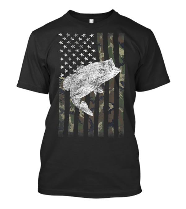 Big Mouth Bass Fishing Camouflage Flag With Stars T-Shirt