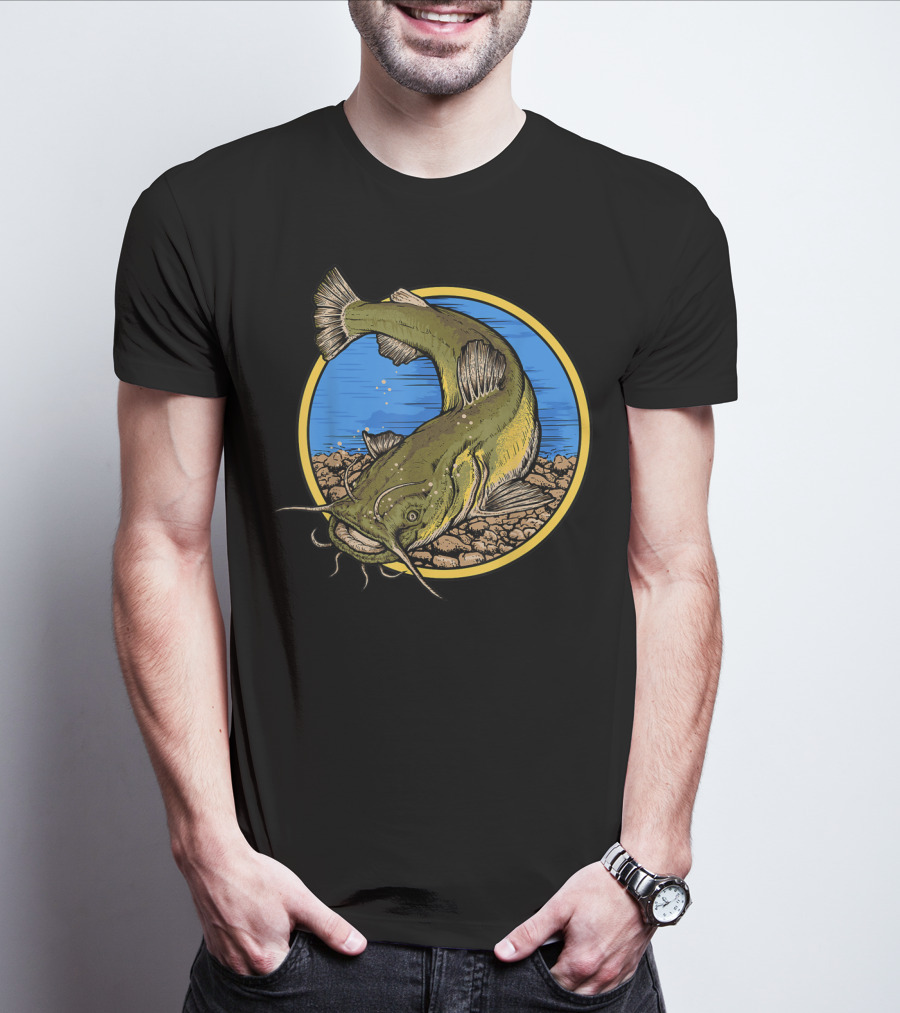 Catfish Fishing Against Colorful Water With Circle Background T-Shirt