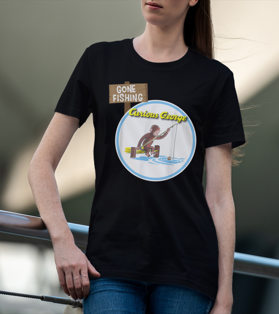 Curious George Gone Fishing Sign And Circle Scene T-Shirt