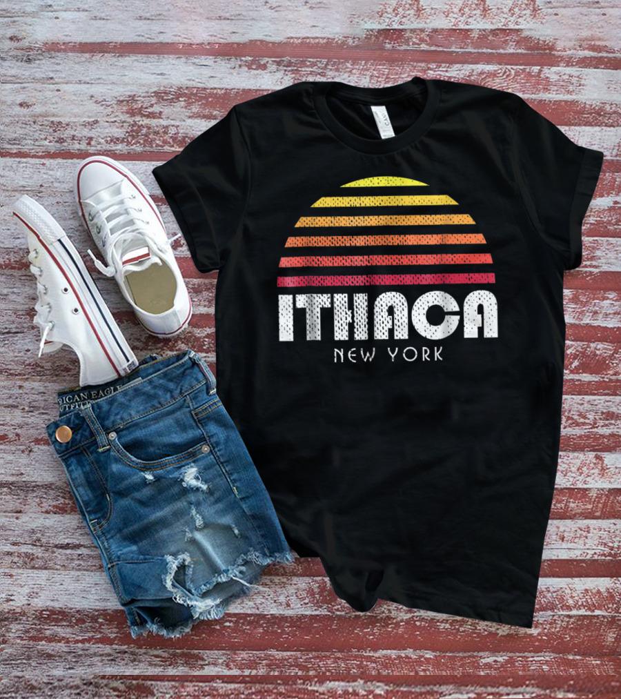 Ithaca New York Retro Striped Sunset T-Shirt