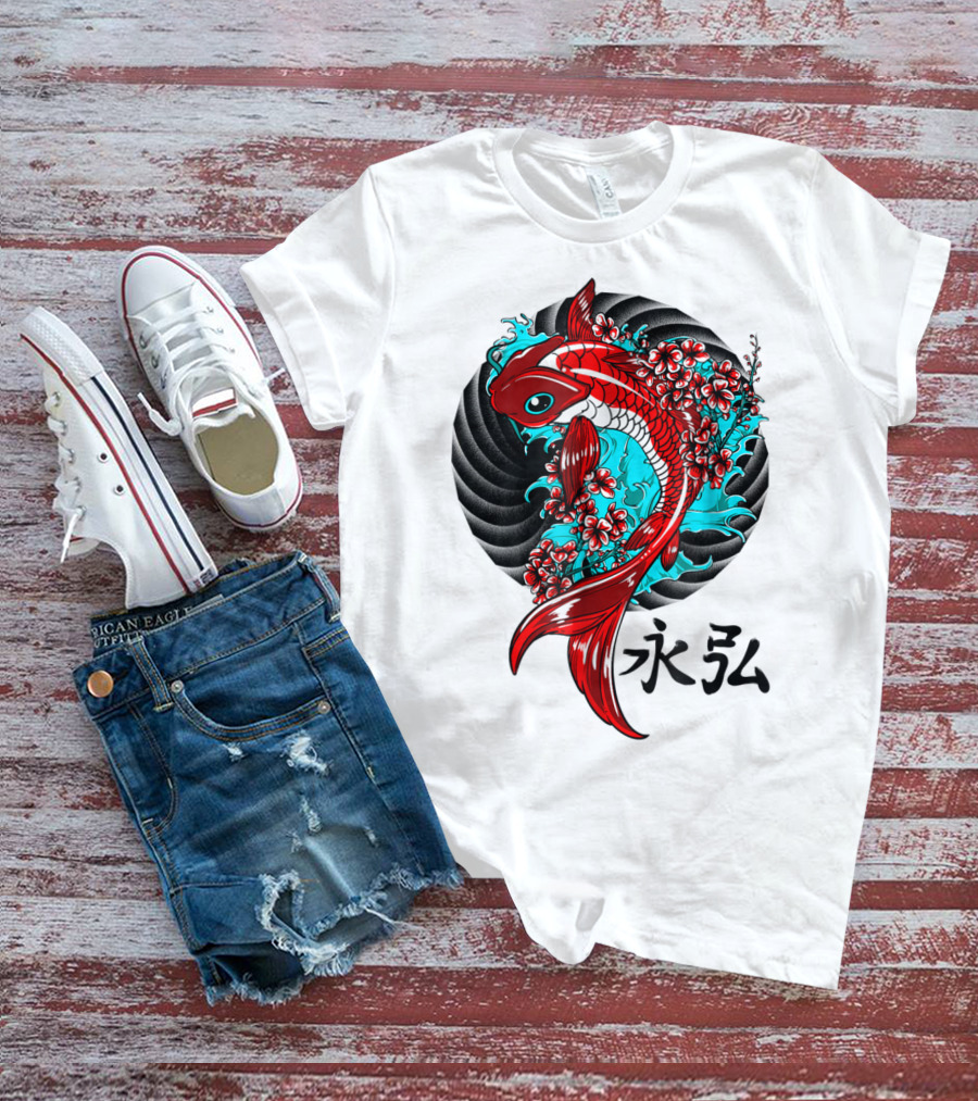 Koi Fish Floral With Japanese Characters T-Shirt