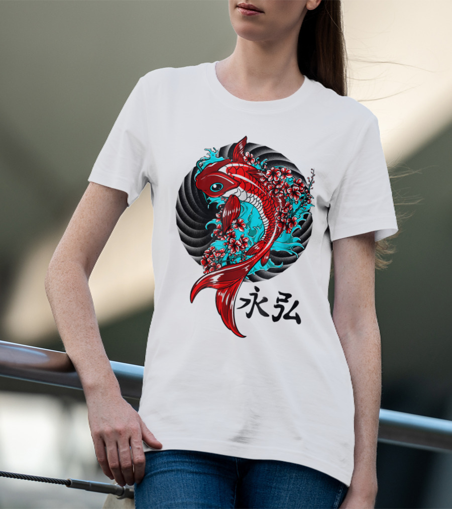 Koi Fish Floral With Japanese Characters T-Shirt