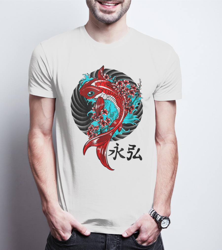 Koi Fish Floral With Japanese Characters T-Shirt