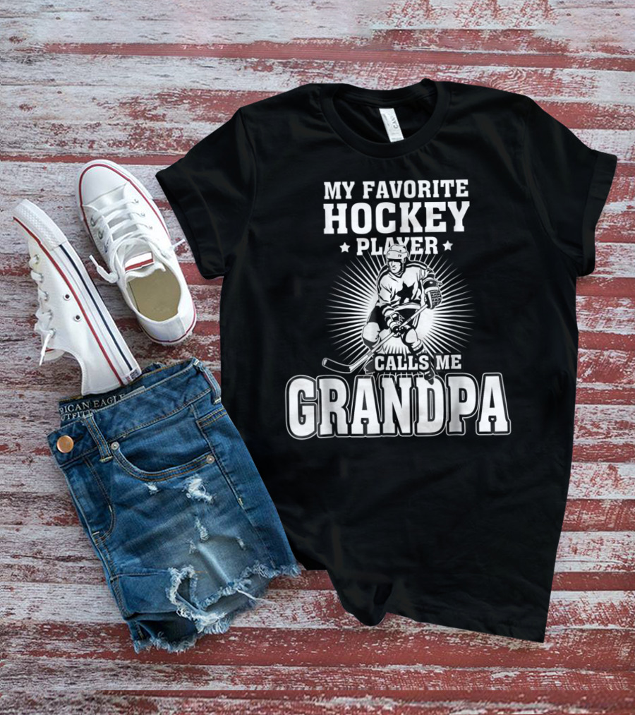 Mens My Favorite Hockey Player Calls Me Grandpa Starburst Ice Skater T-Shirt