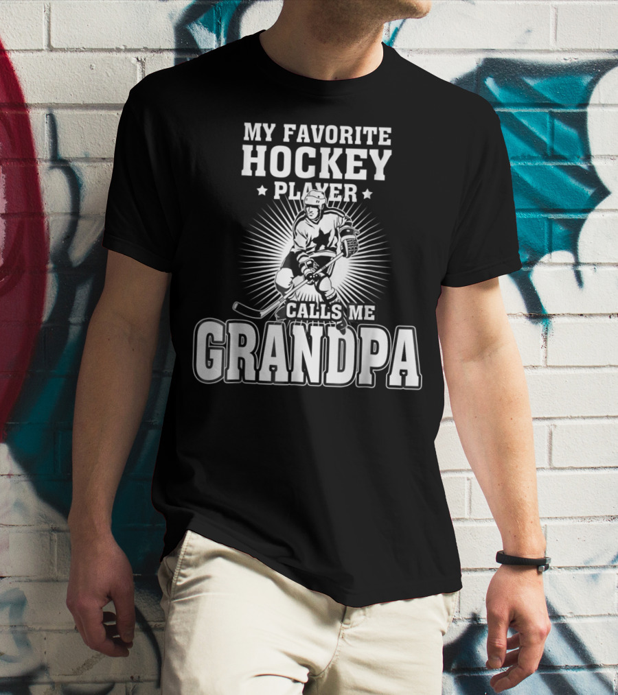 Mens My Favorite Hockey Player Calls Me Grandpa Starburst Ice Skater T-Shirt
