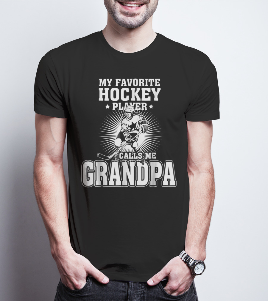 Mens My Favorite Hockey Player Calls Me Grandpa Starburst Ice Skater T-Shirt