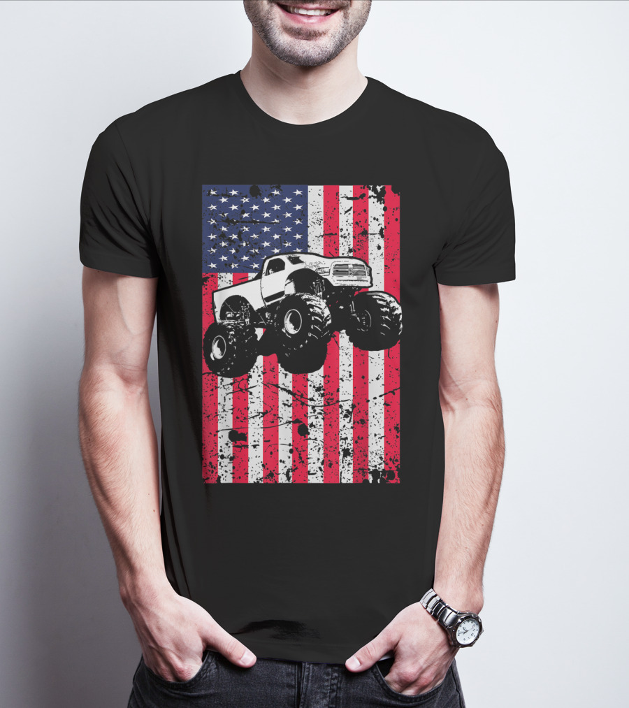 Monster Truck American Flag USA Patriotic Racing T-Shirt