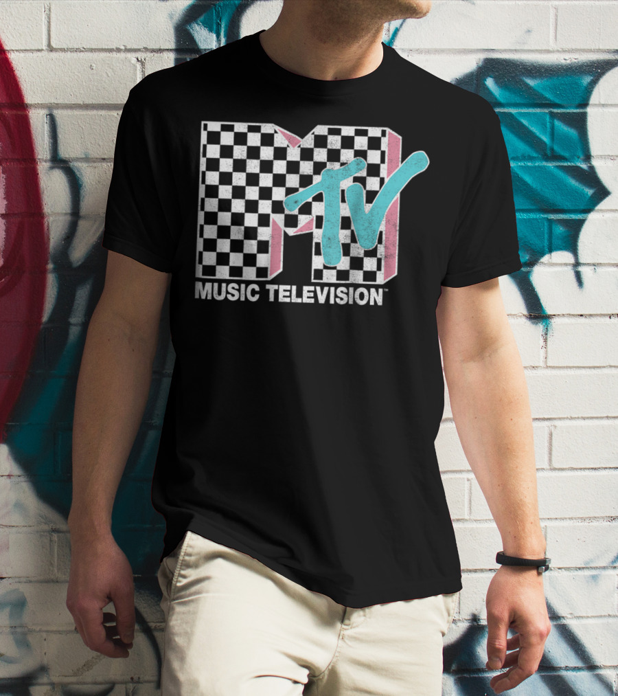 MTV Music Television Neon Distressed Checkered T-Shirt