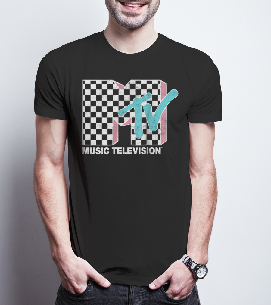 MTV Music Television Neon Distressed Checkered T-Shirt
