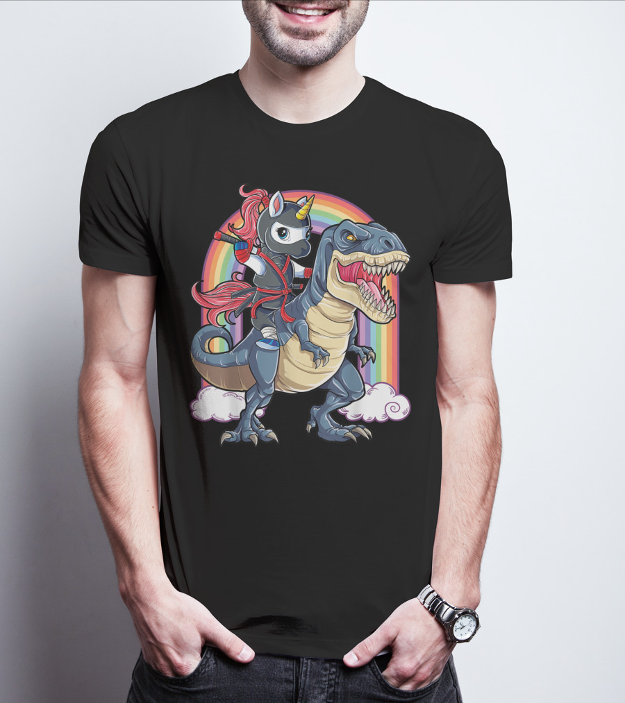 Ninja Unicorn Riding Dinosaur Rex Under Rainbow Clouds T-Shirt