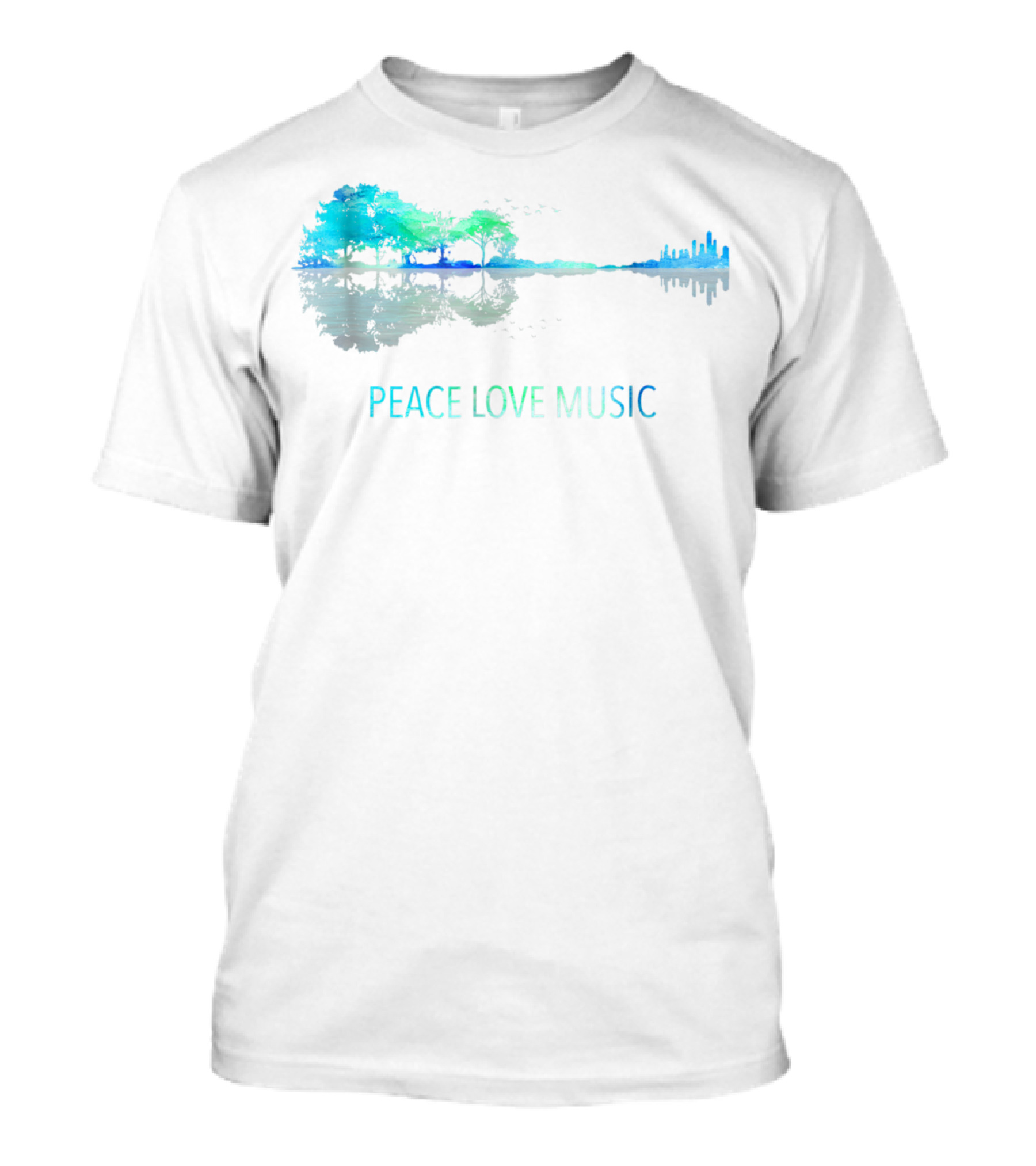 Peace Love Music Guitar Lake Shadow Tree Reflection T-Shirt