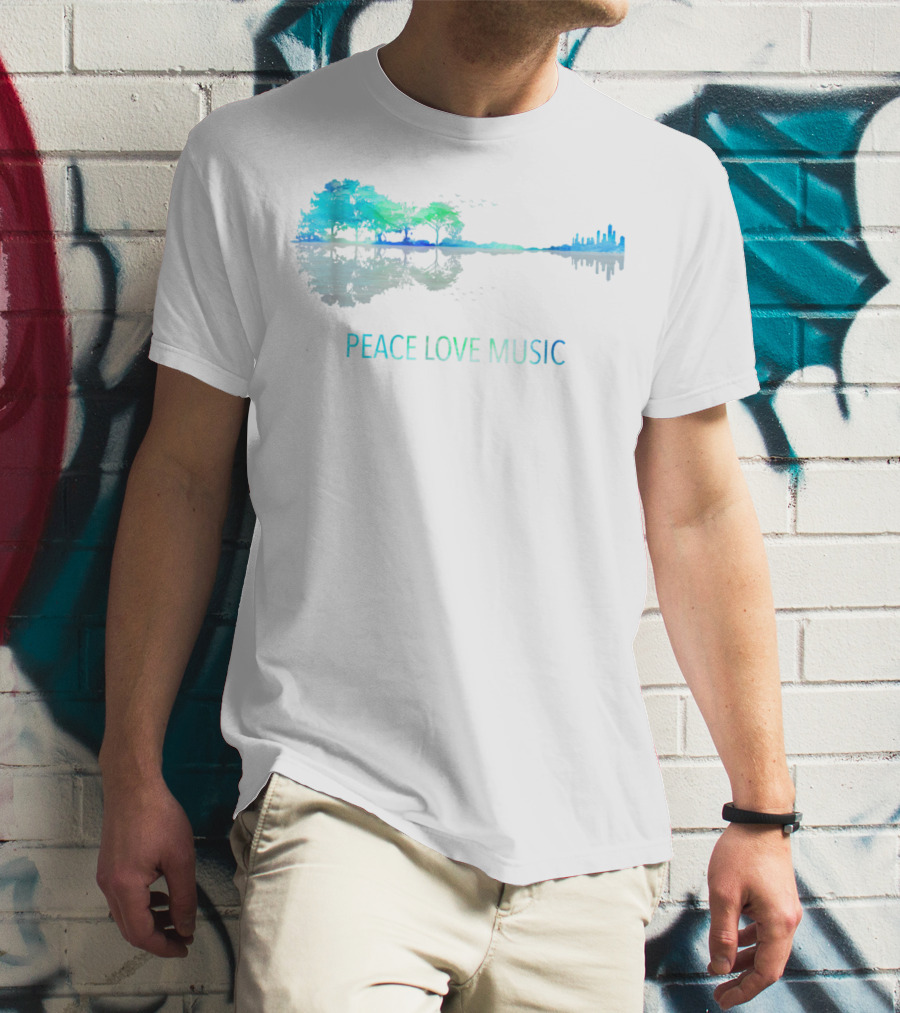 Peace Love Music Guitar Lake Shadow Tree Reflection T-Shirt