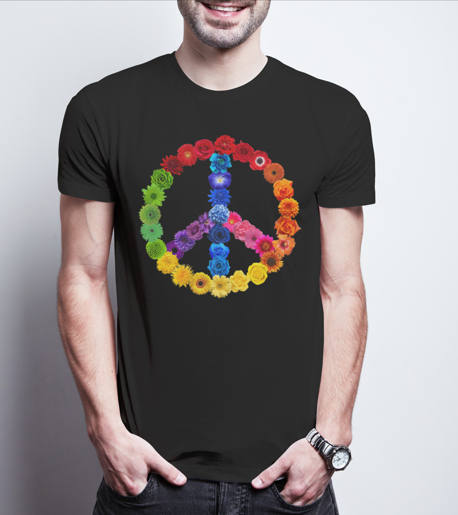 Rainbow Peace Sign Floral Love 70s 60s Retro Vibe T-Shirt