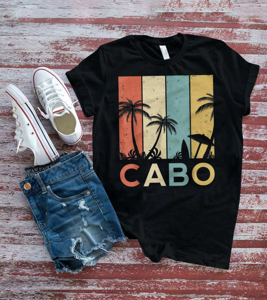 Retro Cabo San Lucas Mexico Tropical Palm Sunset Surfboard T-Shirt