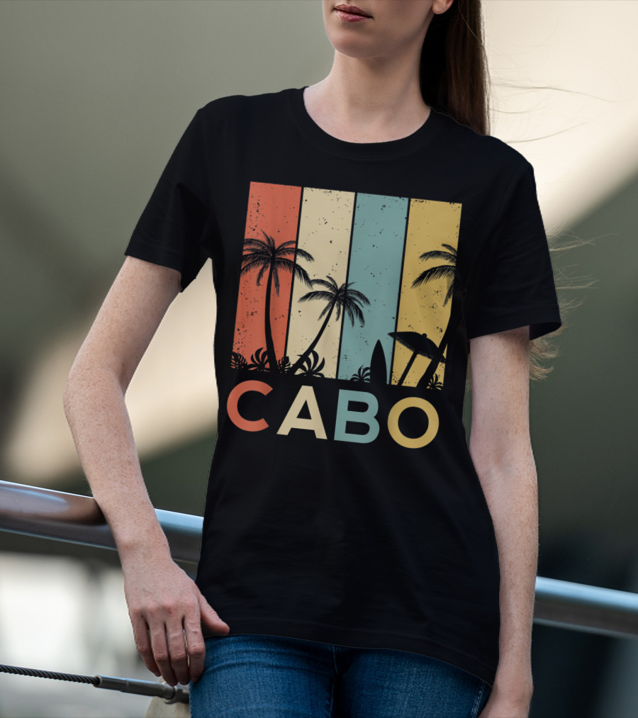 Retro Cabo San Lucas Mexico Tropical Palm Sunset Surfboard T-Shirt