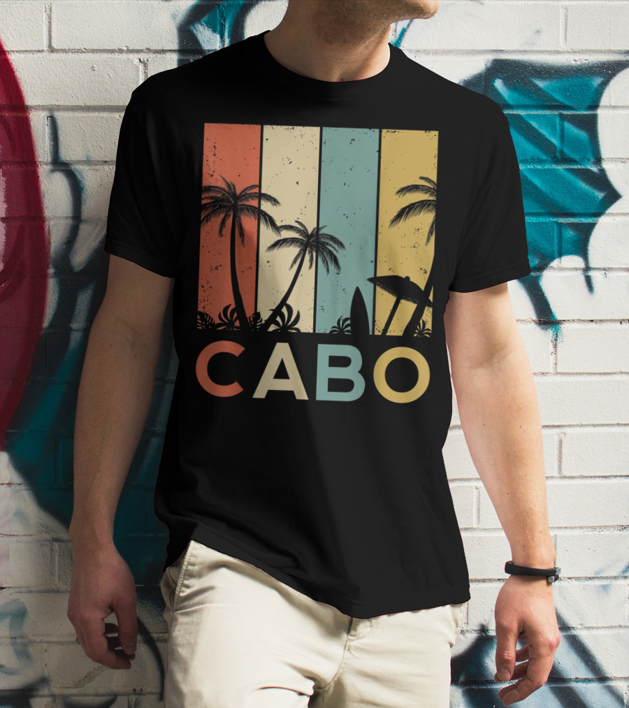 Retro Cabo San Lucas Mexico Tropical Palm Sunset Surfboard T-Shirt