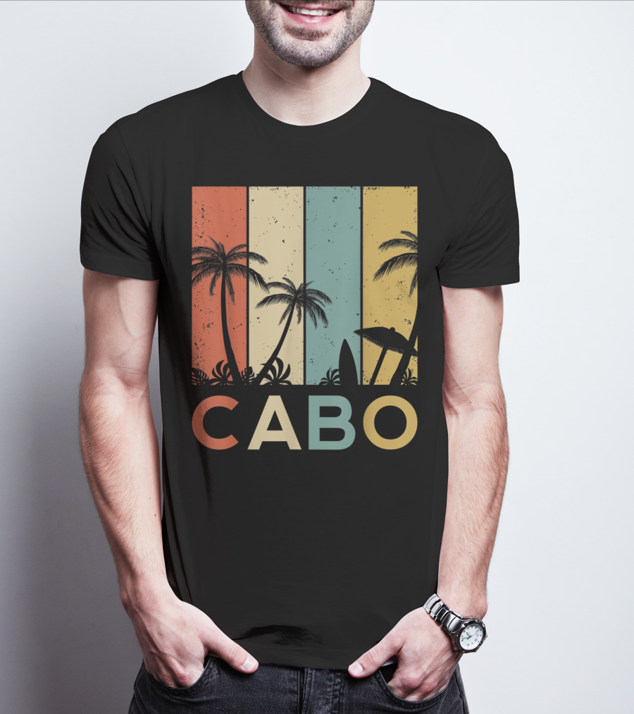 Retro Cabo San Lucas Mexico Tropical Palm Sunset Surfboard T-Shirt