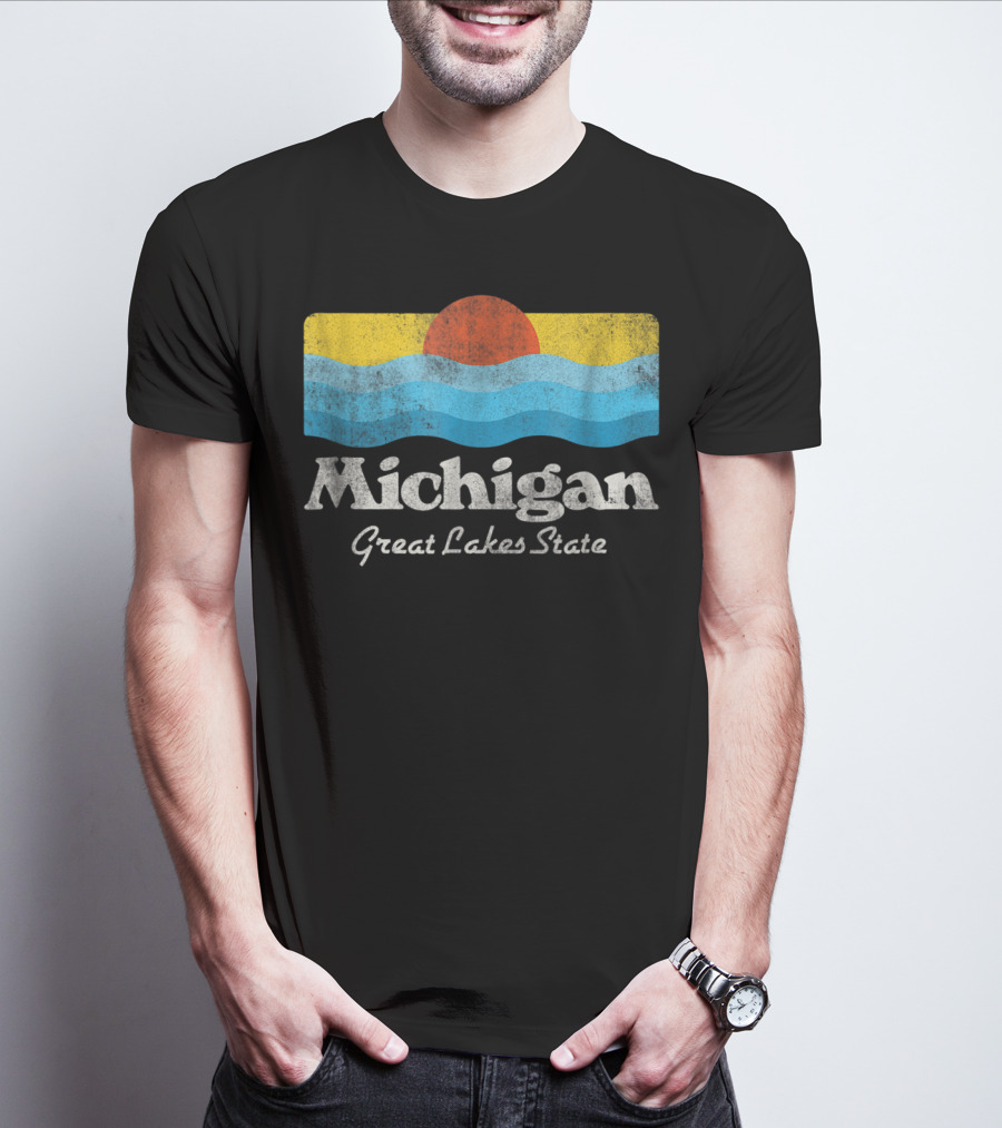 Michigan Great Lakes State Retro Sun And Waves T-Shirt