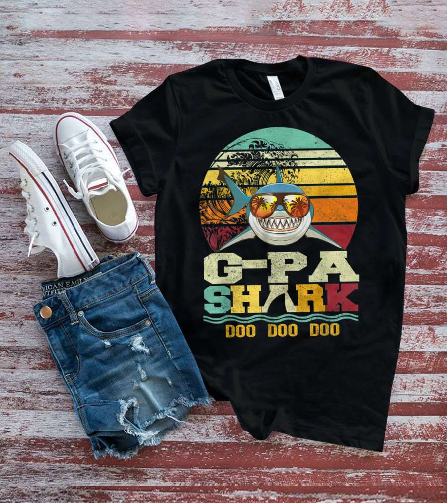 G Pa Shark Doo Doo Doo Retro Vintage Beach Sunset Wave Sunglasses Palm Trees T-Shirt