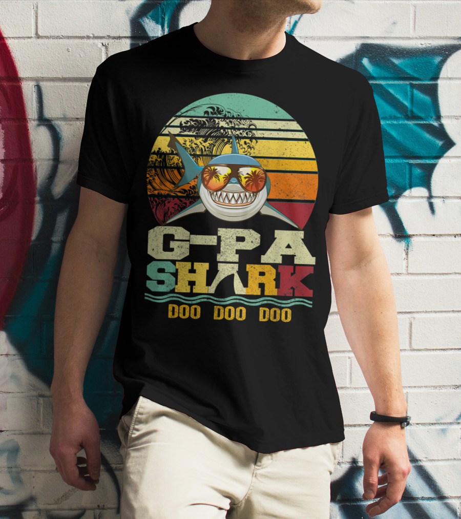 G Pa Shark Doo Doo Doo Retro Vintage Beach Sunset Wave Sunglasses Palm Trees T-Shirt