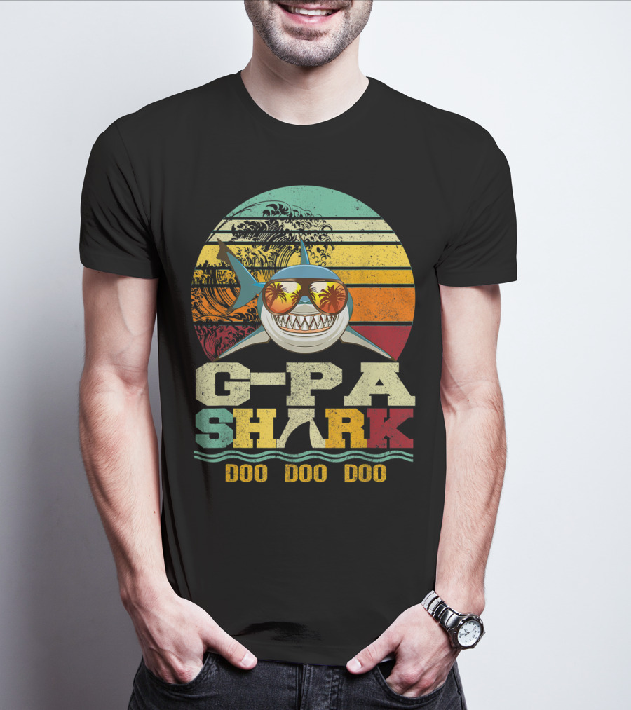 G Pa Shark Doo Doo Doo Retro Vintage Beach Sunset Wave Sunglasses Palm Trees T-Shirt