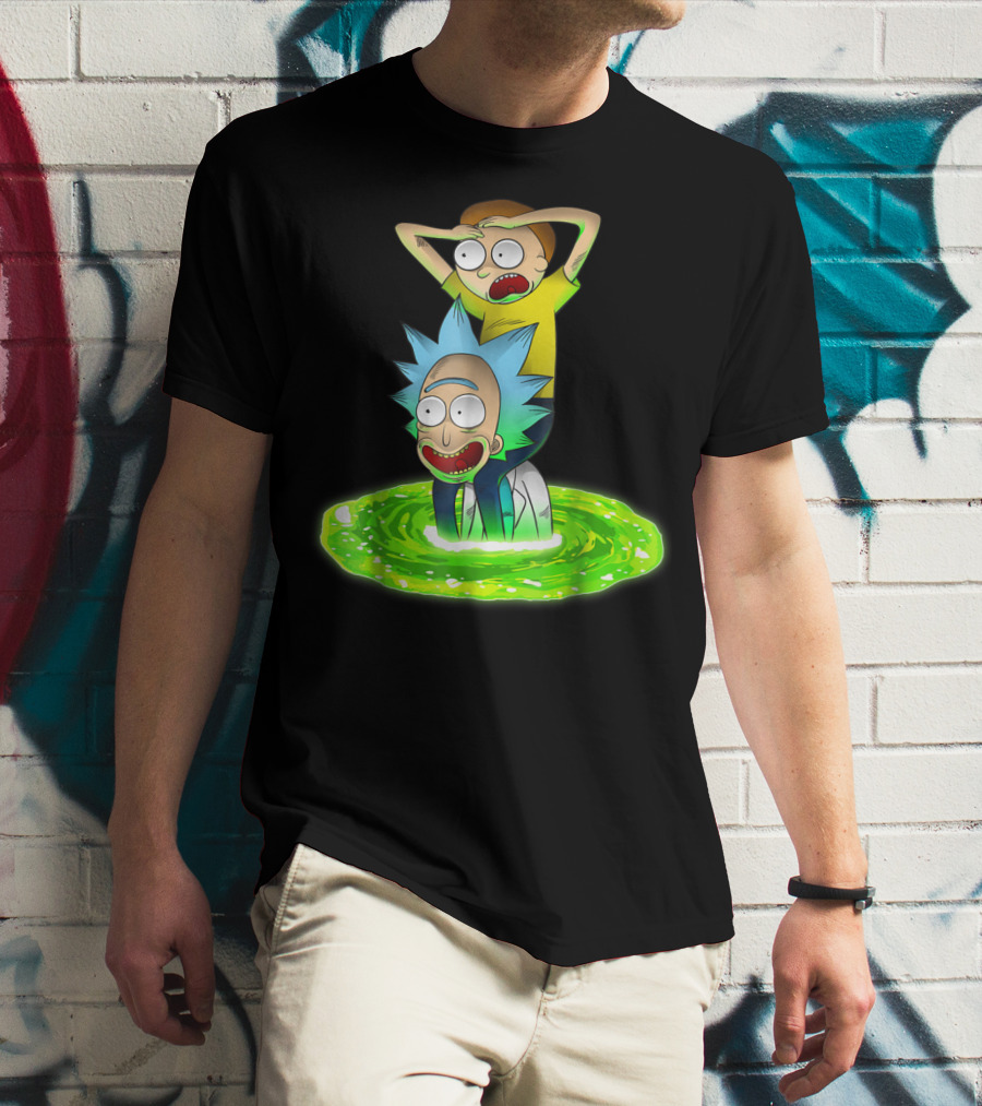 Rick And Morty Emerging From Green Portal Adventure T-Shirt