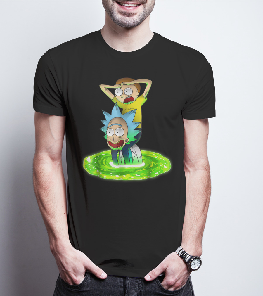 Rick And Morty Emerging From Green Portal Adventure T-Shirt